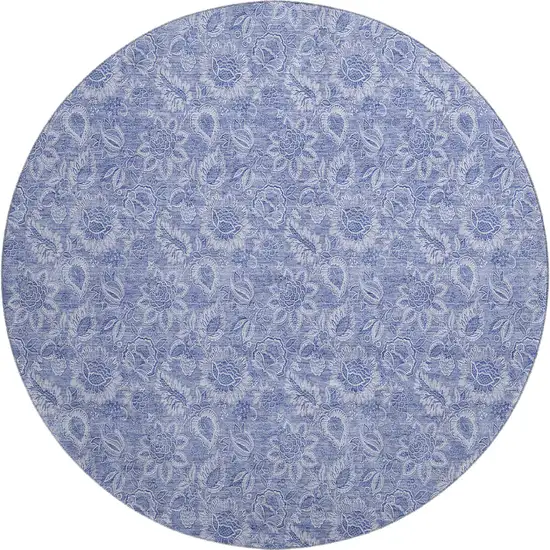 8' Denim Blue And Ivory Floral Washable Round Rug With UV Protection Photo 1