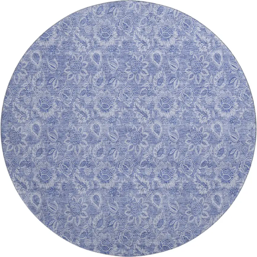 8' Denim Blue And Ivory Floral Washable Round Rug With UV Protection Photo 1