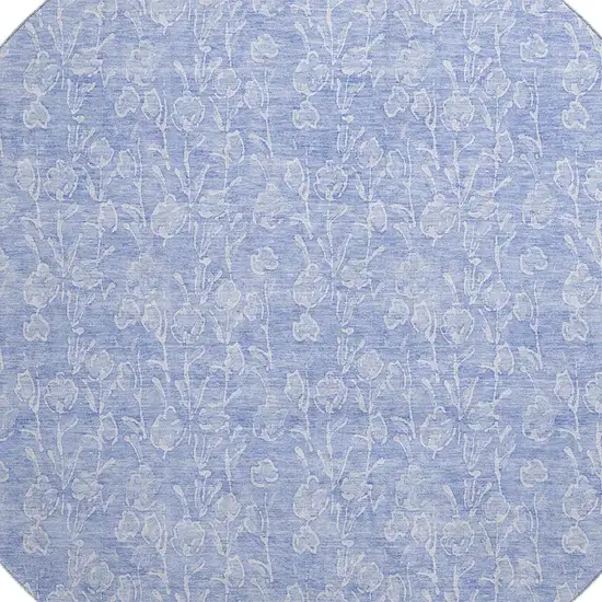 8' Denim Blue And Ivory Floral Washable Round Rug With UV Protection Photo 2