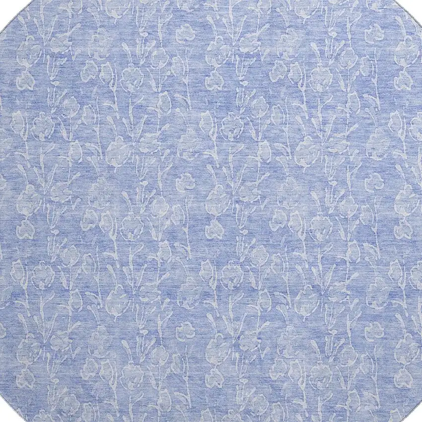 8' Denim Blue And Ivory Floral Washable Round Rug With UV Protection Photo 2