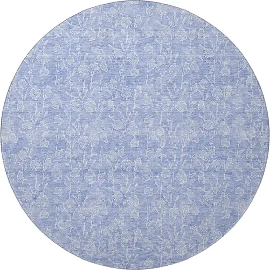 8' Denim Blue And Ivory Floral Washable Round Rug With UV Protection Photo 3