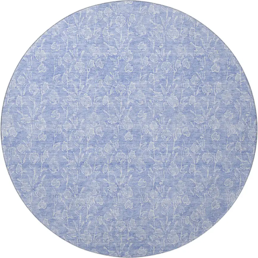 8' Denim Blue And Ivory Floral Washable Round Rug With UV Protection Photo 3