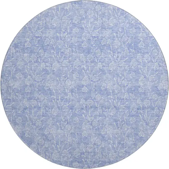 8' Denim Blue And Ivory Floral Washable Round Rug With UV Protection Photo 1