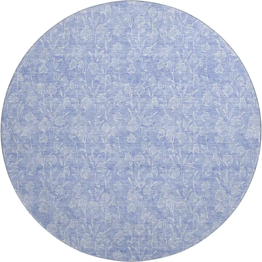 8' Denim Blue And Ivory Floral Washable Round Rug With UV Protection Photo 1
