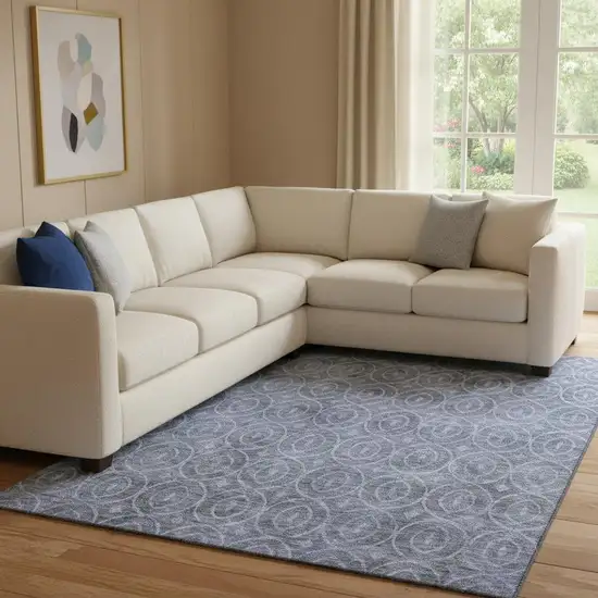 8' Denim Blue And Ivory Geometric Washable Area Rug With UV Protection Photo 2