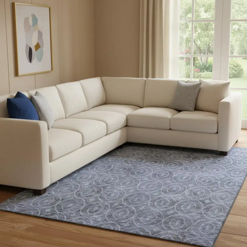 8' Denim Blue And Ivory Geometric Washable Area Rug With UV Protection Photo 2