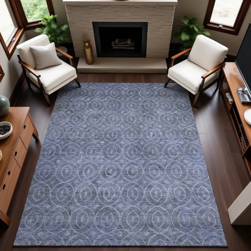 8' Denim Blue And Ivory Geometric Washable Area Rug With UV Protection Photo 5