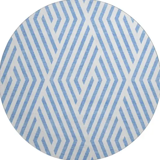 8' Denim Blue And Ivory Geometric Washable Round Rug With UV Protection Photo 3
