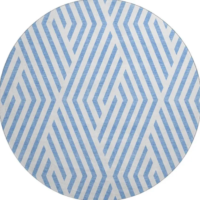 8' Denim Blue And Ivory Geometric Washable Round Rug With UV Protection Photo 3