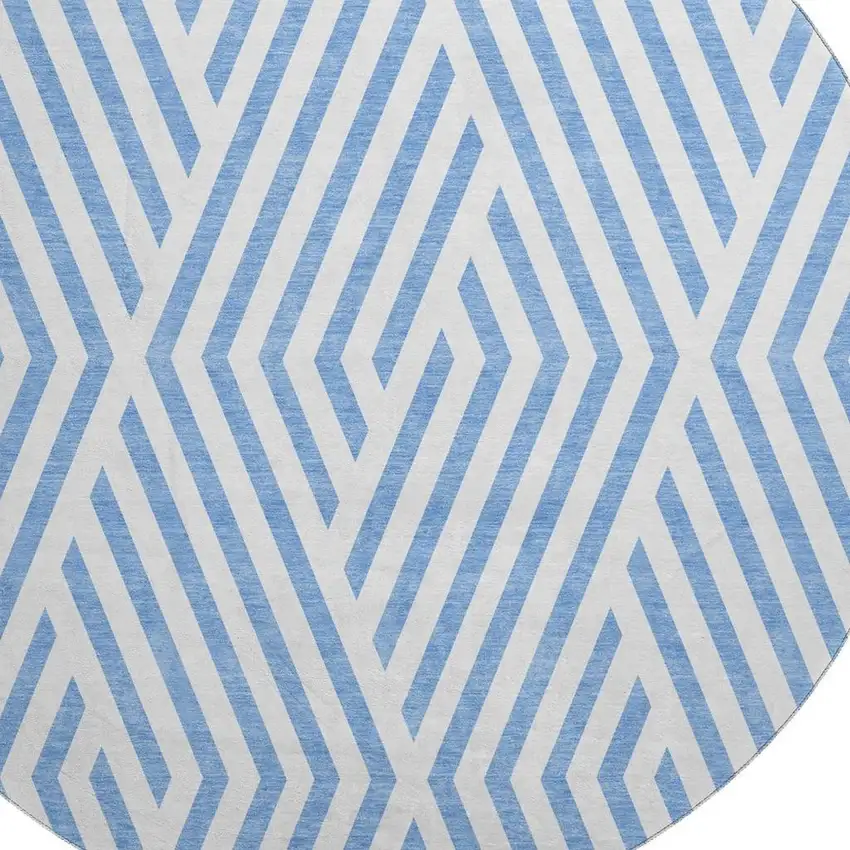 8' Denim Blue And Ivory Geometric Washable Round Rug With UV Protection Photo 2