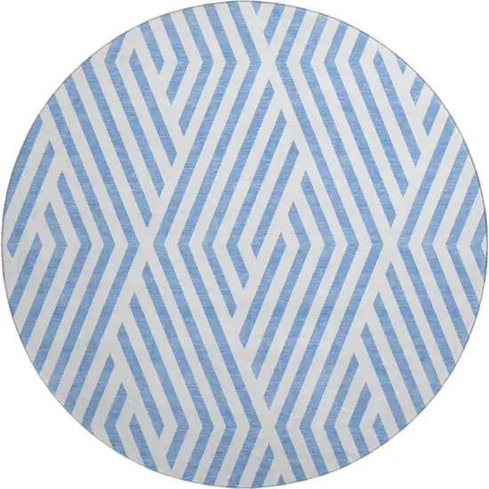 8' Denim Blue And Ivory Geometric Washable Round Rug With UV Protection Photo 1