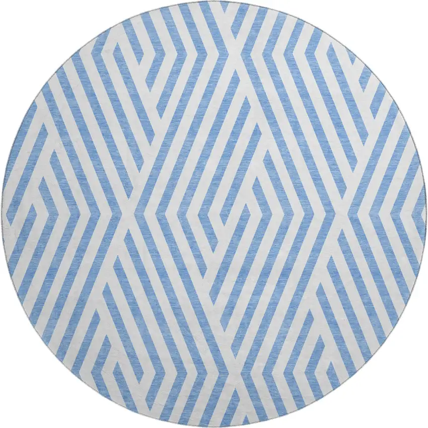 8' Denim Blue And Ivory Geometric Washable Round Rug With UV Protection Photo 1