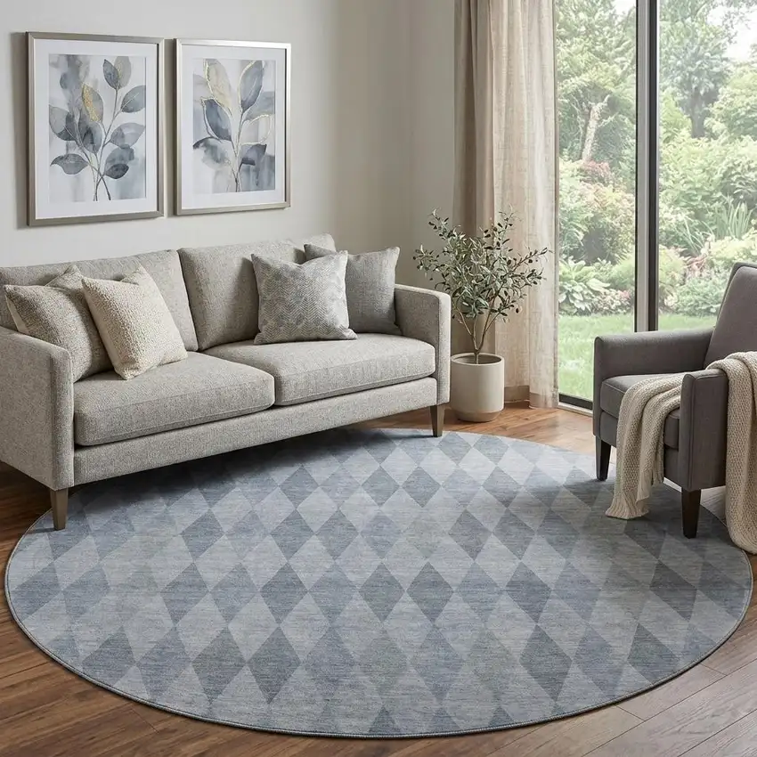 8' Denim Blue And Ivory Geometric Washable Round Rug With UV Protection Photo 1
