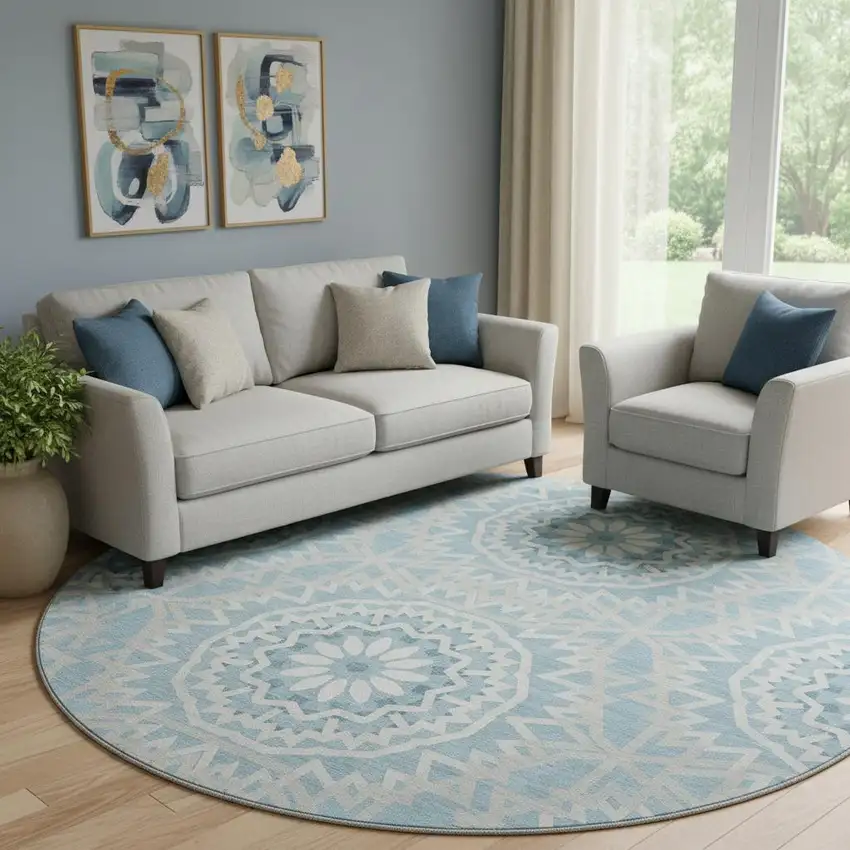 8' Denim Blue And Ivory Geometric Washable Round Rug With UV Protection Photo 1