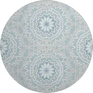 Photo of 8' Denim Blue And Ivory Geometric Washable Round Rug With UV Protection