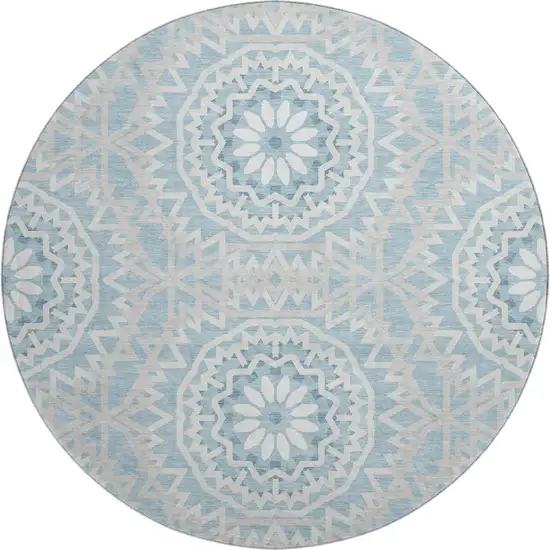8' Denim Blue And Ivory Geometric Washable Round Rug With UV Protection Photo 1