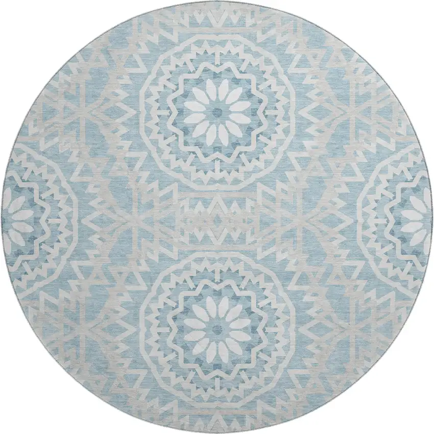 8' Denim Blue And Ivory Geometric Washable Round Rug With UV Protection Photo 1