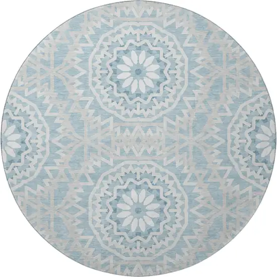 8' Denim Blue And Ivory Geometric Washable Round Rug With UV Protection Photo 4