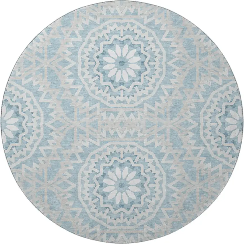 8' Denim Blue And Ivory Geometric Washable Round Rug With UV Protection Photo 4