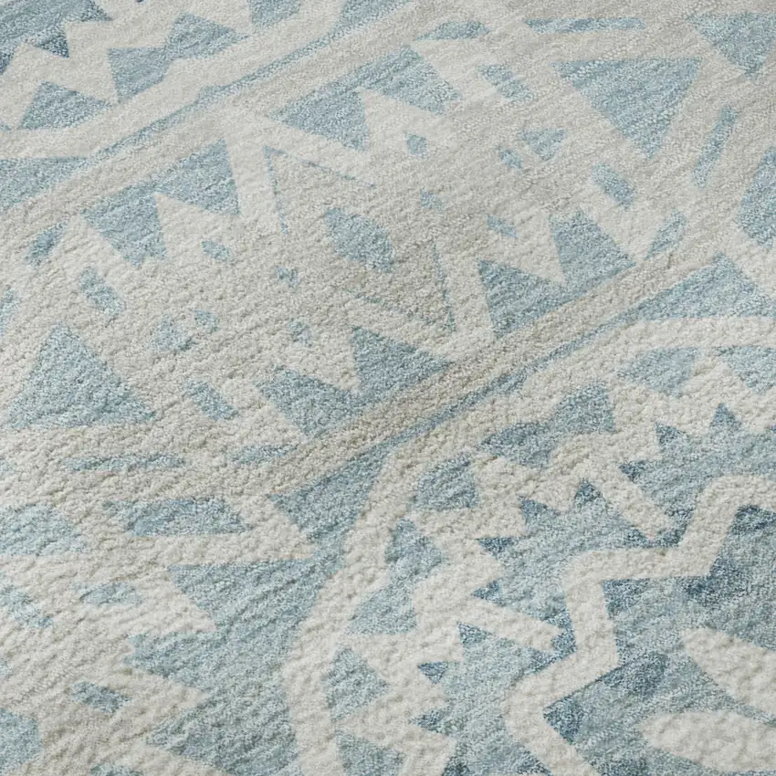 8' Denim Blue And Ivory Geometric Washable Round Rug With UV Protection Photo 9