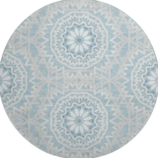 8' Denim Blue And Ivory Geometric Washable Round Rug With UV Protection Photo 3