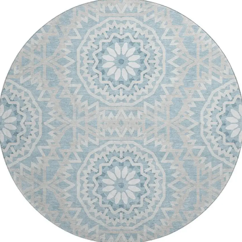 8' Denim Blue And Ivory Geometric Washable Round Rug With UV Protection Photo 3