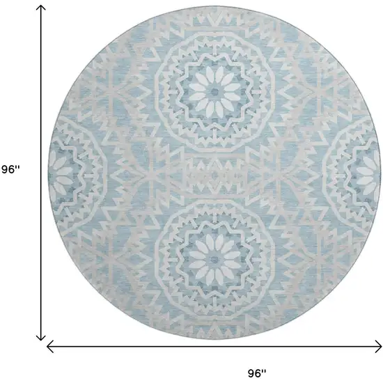 8' Denim Blue And Ivory Geometric Washable Round Rug With UV Protection Photo 3