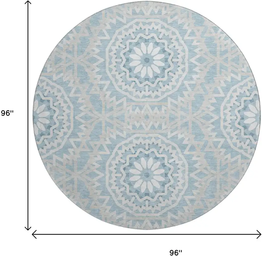 8' Denim Blue And Ivory Geometric Washable Round Rug With UV Protection Photo 3