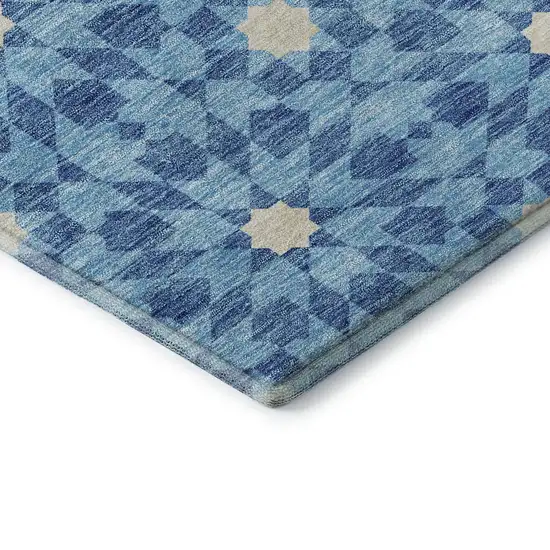 8' Denim Blue And Ivory Geometric Washable Round Rug With UV Protection Photo 7