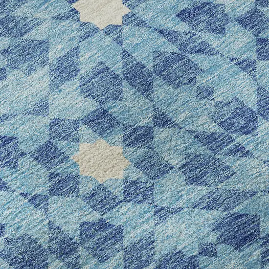 8' Denim Blue And Ivory Geometric Washable Round Rug With UV Protection Photo 9