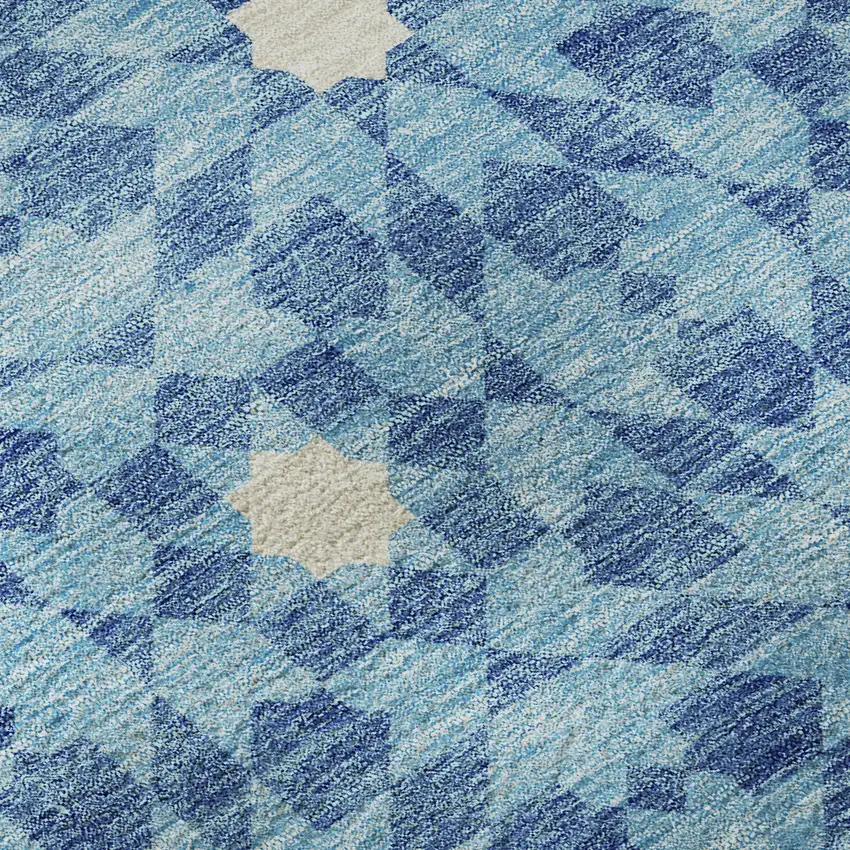 8' Denim Blue And Ivory Geometric Washable Round Rug With UV Protection Photo 9