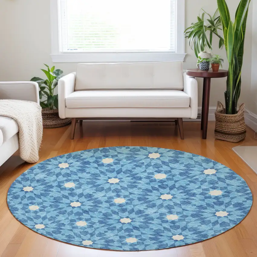 8' Denim Blue And Ivory Geometric Washable Round Rug With UV Protection Photo 5