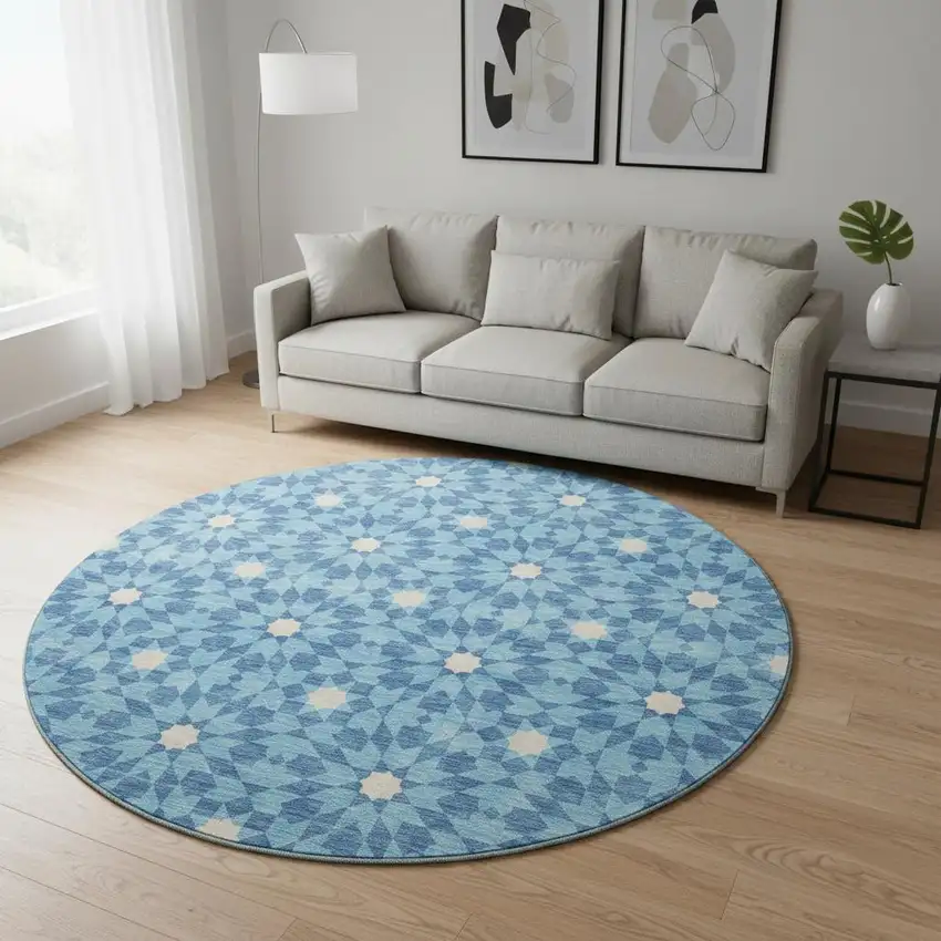 8' Denim Blue And Ivory Geometric Washable Round Rug With UV Protection Photo 2