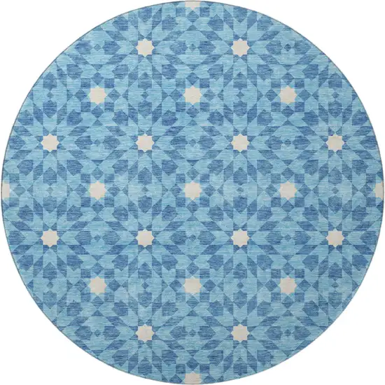 8' Denim Blue And Ivory Geometric Washable Round Rug With UV Protection Photo 4