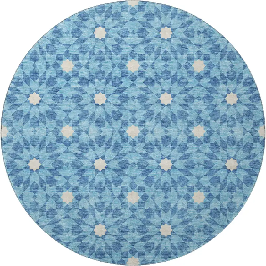8' Denim Blue And Ivory Geometric Washable Round Rug With UV Protection Photo 4