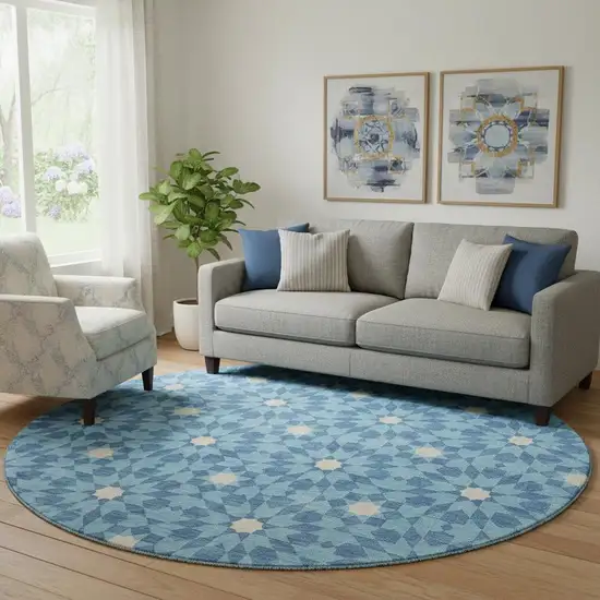 8' Denim Blue And Ivory Geometric Washable Round Rug With UV Protection Photo 1