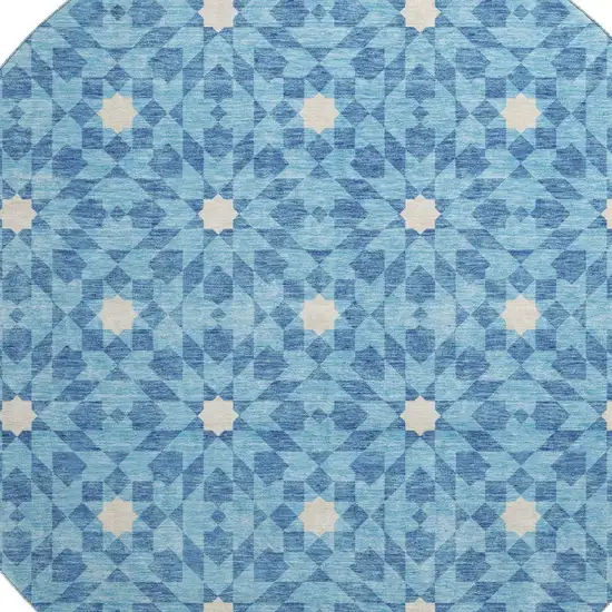 8' Denim Blue And Ivory Geometric Washable Round Rug With UV Protection Photo 3