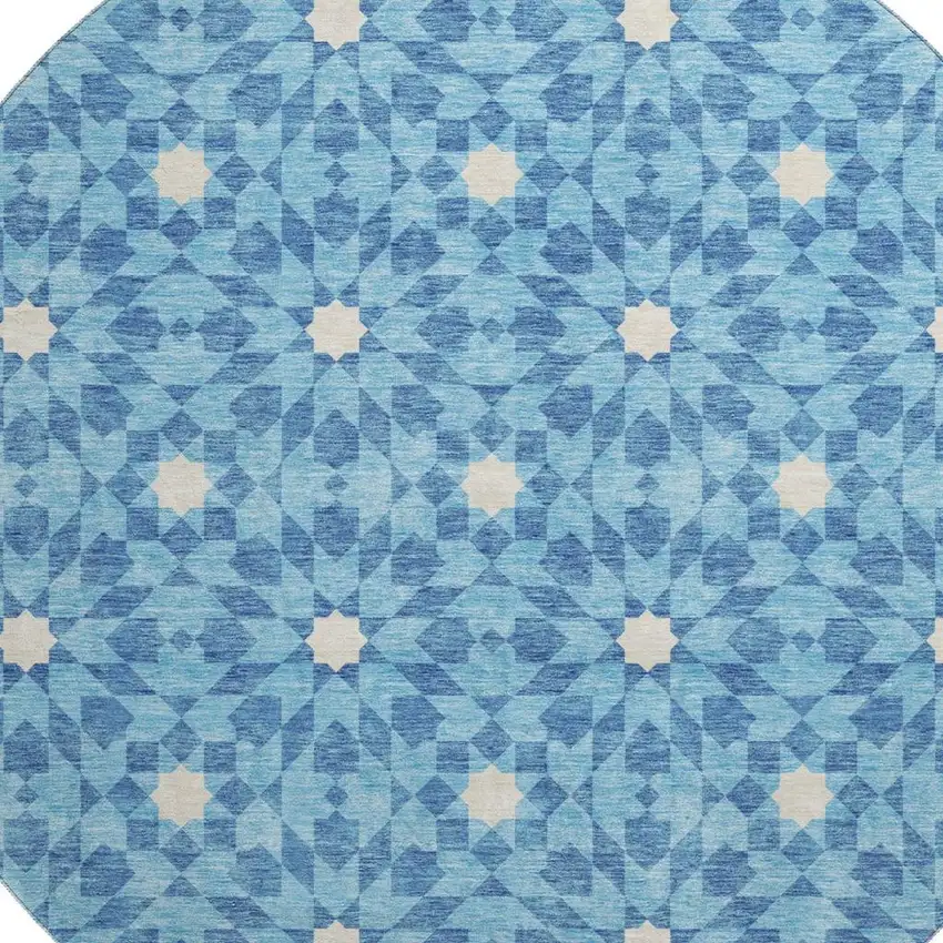 8' Denim Blue And Ivory Geometric Washable Round Rug With UV Protection Photo 3