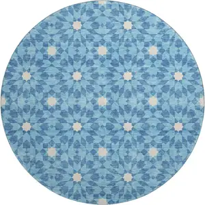 Photo of 8' Denim Blue And Ivory Geometric Washable Round Rug With UV Protection