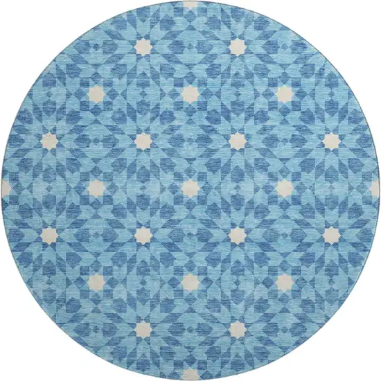 8' Denim Blue And Ivory Geometric Washable Round Rug With UV Protection Photo 1