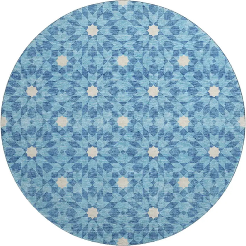 8' Denim Blue And Ivory Geometric Washable Round Rug With UV Protection Photo 1