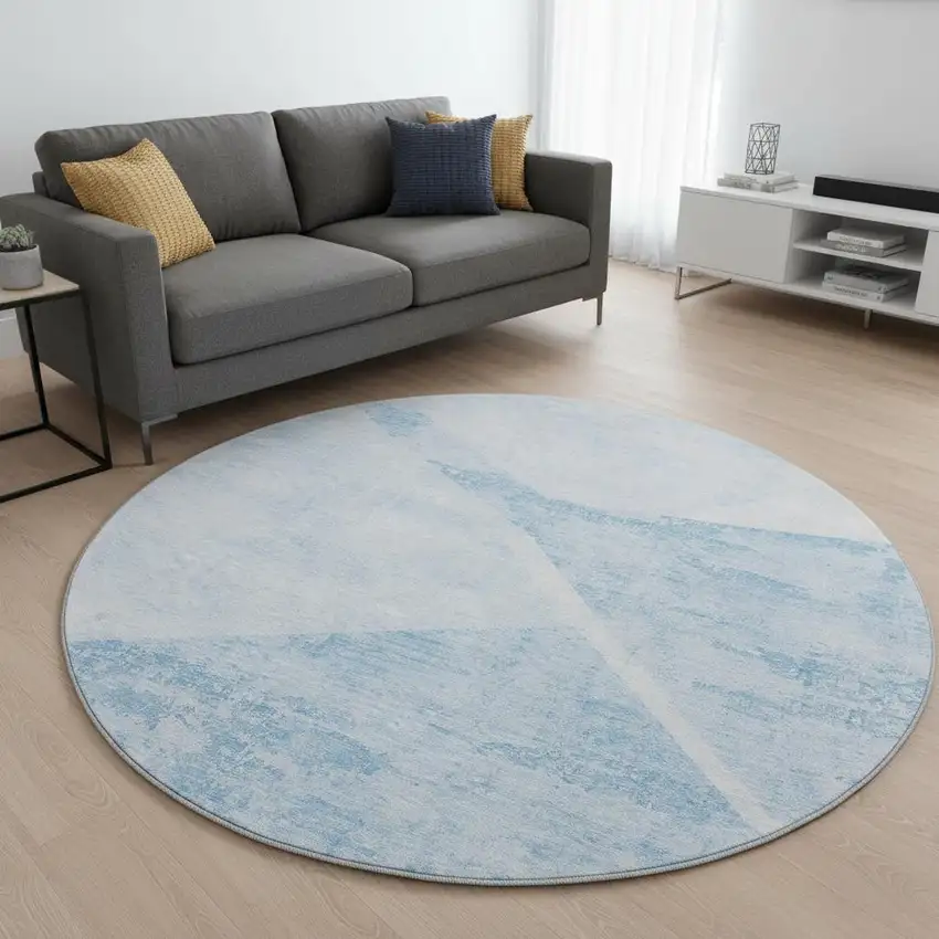 8' Denim Blue And Ivory Geometric Washable Round Rug With UV Protection Photo 2