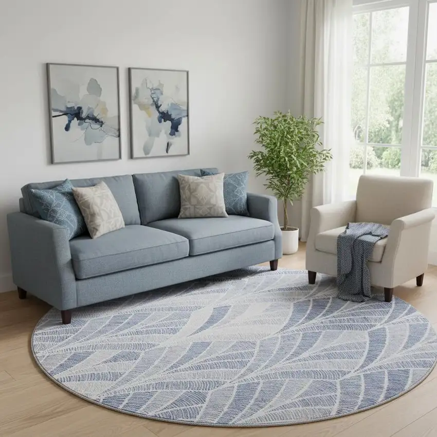 8' Denim Blue And Ivory Geometric Washable Round Rug With UV Protection Photo 1