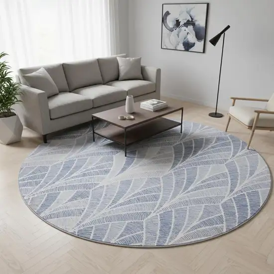 8' Denim Blue And Ivory Geometric Washable Round Rug With UV Protection Photo 2