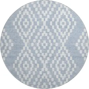 Photo of 8' Denim Blue And Ivory Geometric Washable Round Rug With UV Protection
