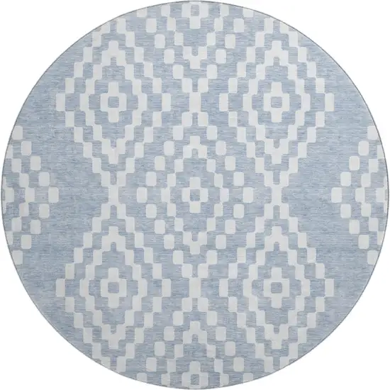 8' Denim Blue And Ivory Geometric Washable Round Rug With UV Protection Photo 1
