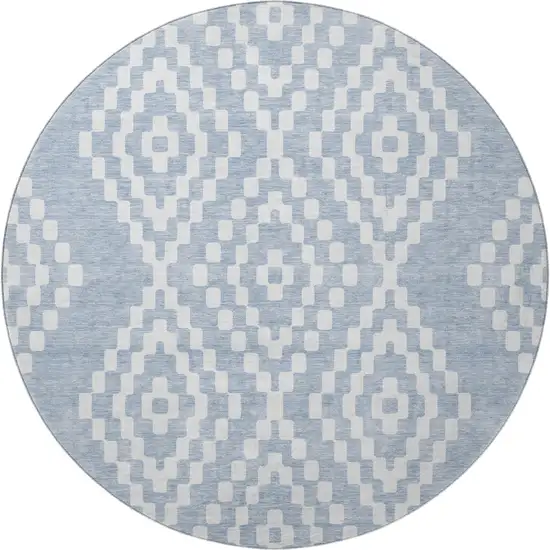 8' Denim Blue And Ivory Geometric Washable Round Rug With UV Protection Photo 4