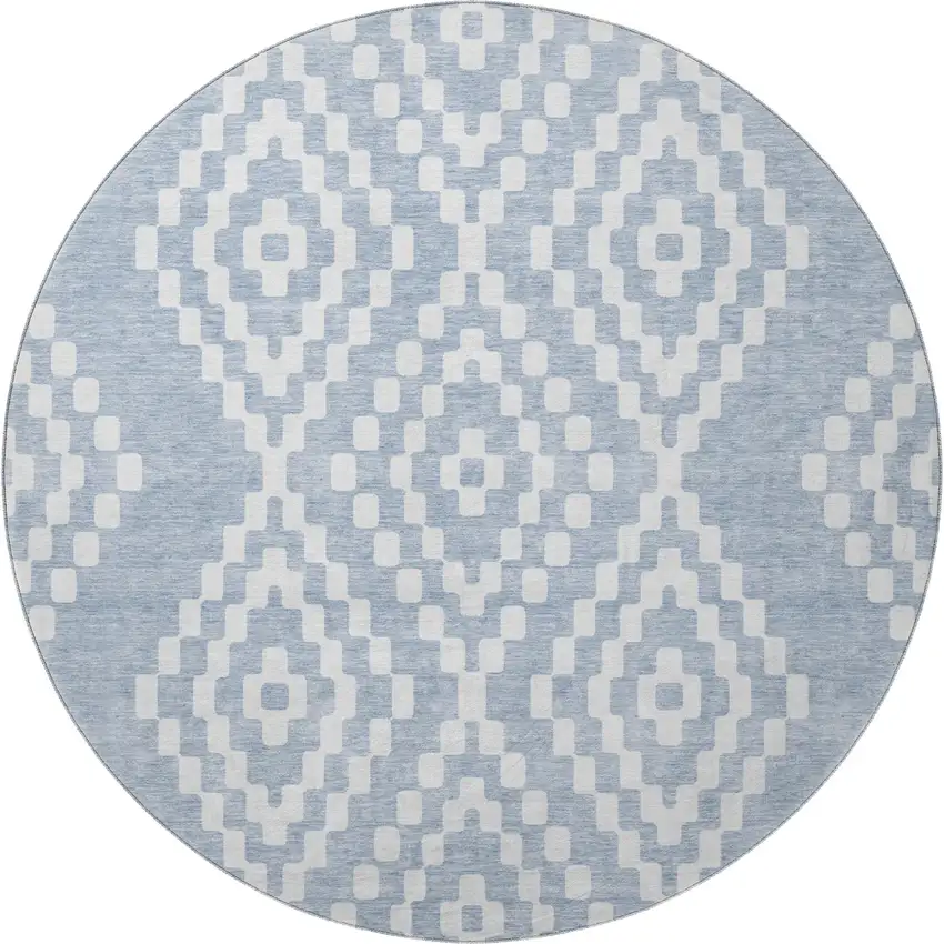 8' Denim Blue And Ivory Geometric Washable Round Rug With UV Protection Photo 4