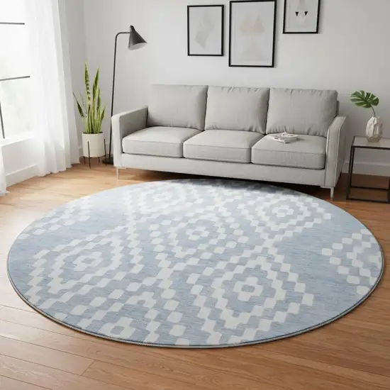 8' Denim Blue And Ivory Geometric Washable Round Rug With UV Protection Photo 2