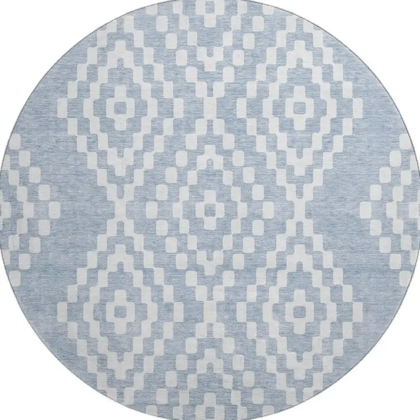 8' Denim Blue And Ivory Geometric Washable Round Rug With UV Protection Photo 3